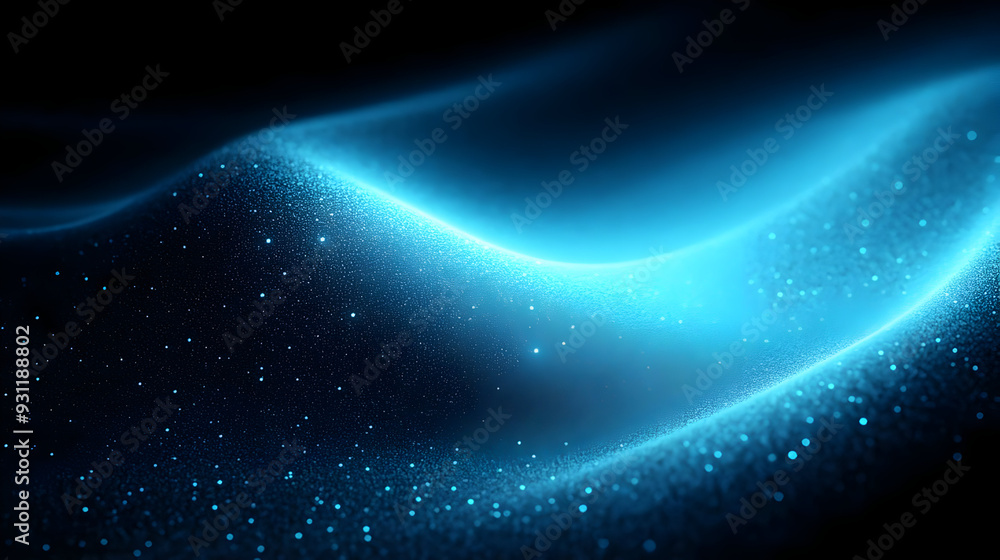 Poster abstract blue waves with sparkling particles in a dark background.