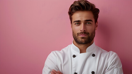 Obraz premium Confident and Distinctive Portrait of a Remarkable Chef in Professional Attire Against a Rose Colored Background