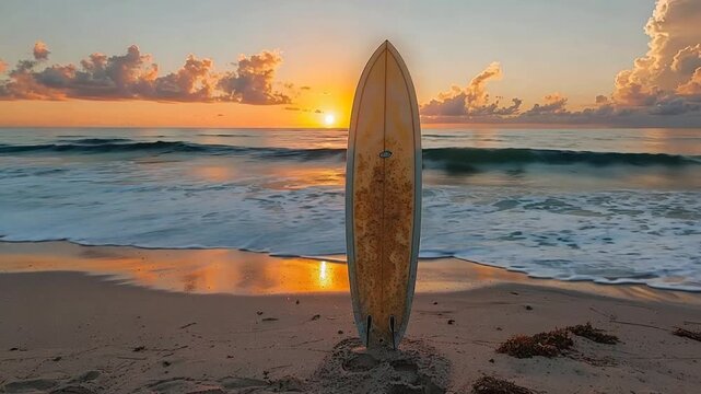 Sunset surfboard at sandy beach with waves crashing and colorful skies