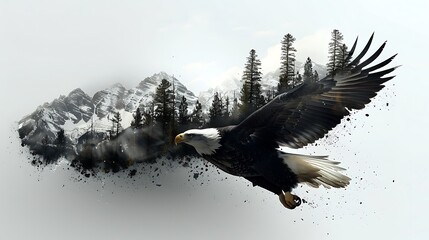 Obraz premium An eagle in mid-flight, its silhouette filled with the imagery of a canyon’s winding paths and open sky, all set against a white background.