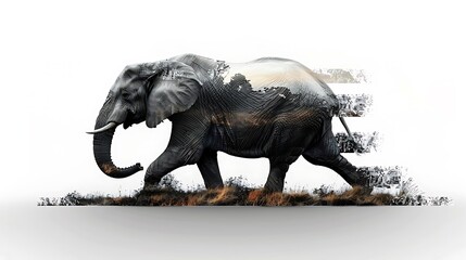 Fototapeta premium An elephant in motion, its silhouette filled with the golden hues of an African sunset and the vast plains stretching beneath it, set against a clean white background in a double exposure style.