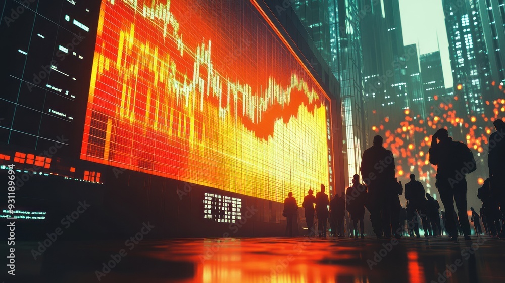 Poster silhouettes of people walking past a large digital display of financial data