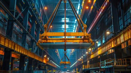 Naklejka premium Detailed view of a massive crane lifting a steel beam, with cables taut and metal gleaming under the factory lights