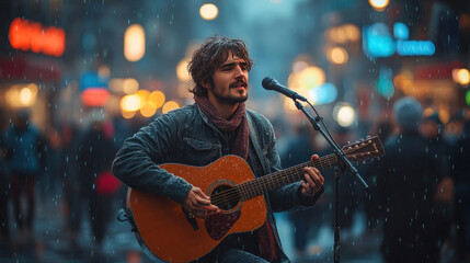 Obraz premium A street musician playing, with a blurred crowd background adding a dynamic, urban atmosphere.