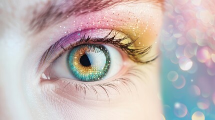 An artistic rendering of an eye with a rainbow-colored iris, symbolizing diversity and equality. The minimalist style and ample copy space make it suitable for a variety of design projects.