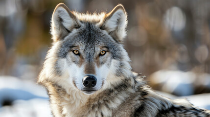 A gray wolf with a fierce, but somewhat sad, look on its face. © Ishaq