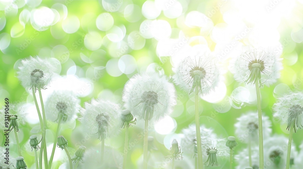 Poster dandelion seeds in a field of green