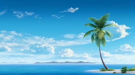 Beautiful landscape with cloudy sky and ocean beach with palm tree. Neural network ai generated art