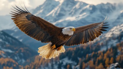 Fototapeta premium Majestic Bald Eagle in Flight over Snowy Mountain Range