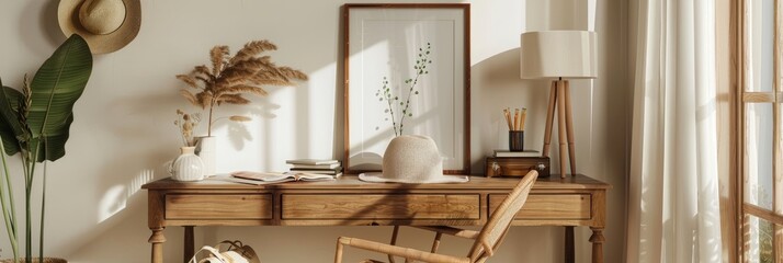 Bohemian-style home office setup featuring a wooden desk, rattan armchair, empty poster frame, office supplies, lamp, and tasteful personal decor.