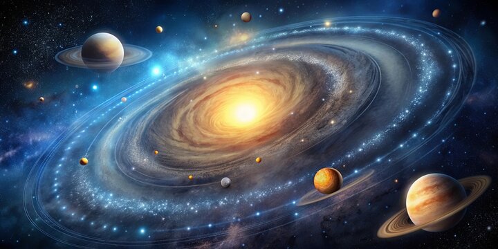 Hypothetical diagram of the Milky Way with exploding stars and orbiting planets in space, Milky Way, universe, stars