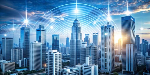 Modern cityscape with buildings and skyscrapers with visible internet signal waves , urban, infrastructure