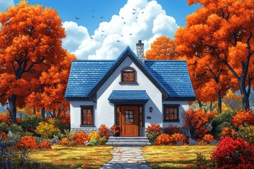Obraz premium Autumn Cottage Illustration - Fall Colors, White House, Blue Roof, Landscape