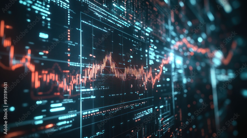 Poster Abstract Digital Data Visualization with Orange and Blue Lines on a Black Background