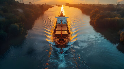 Obraz premium Cargo Ship at Sunset in a Narrow Channel - Aerial Photo