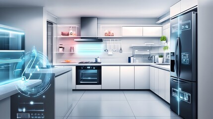 Smart kitchen with connected IoT appliances like refrigerator and oven communicating clean background with plenty of copy space showcasing futuristic home technology and automation