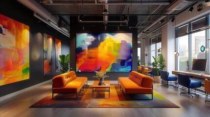 A captivating view of a modern office interior with vibrant and colorful walls showcasing artistic paintings that infuse energy and creativity into the workspace