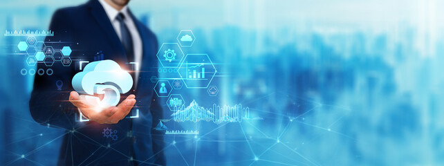Backup: Businessman holding backup icon. Digital technology era of future. Data protection...