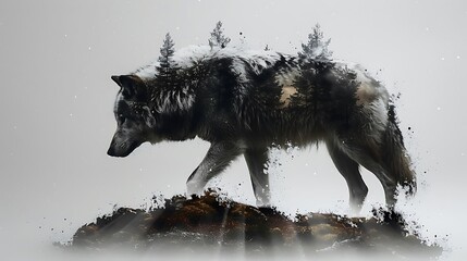 Double exposure of a wolf standing on a ridge, its form blending with the glowing Northern Lights, all contrasted against a white background.