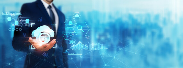 Cloud Security: Businessman holding cloud shield icon. Digital technology era of future. Advanced technology of deep learning, encryption, data protection concept.