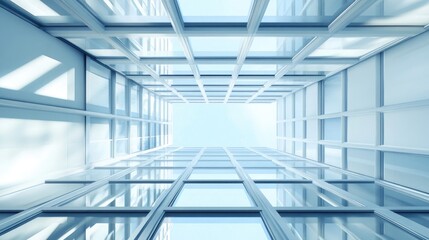 Obraz premium Abstract view of a glass building with a blue sky in the background.