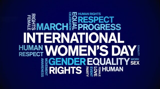 international Women's Day animated word cloud;text design animation tag kinetic typography seamless loop.
