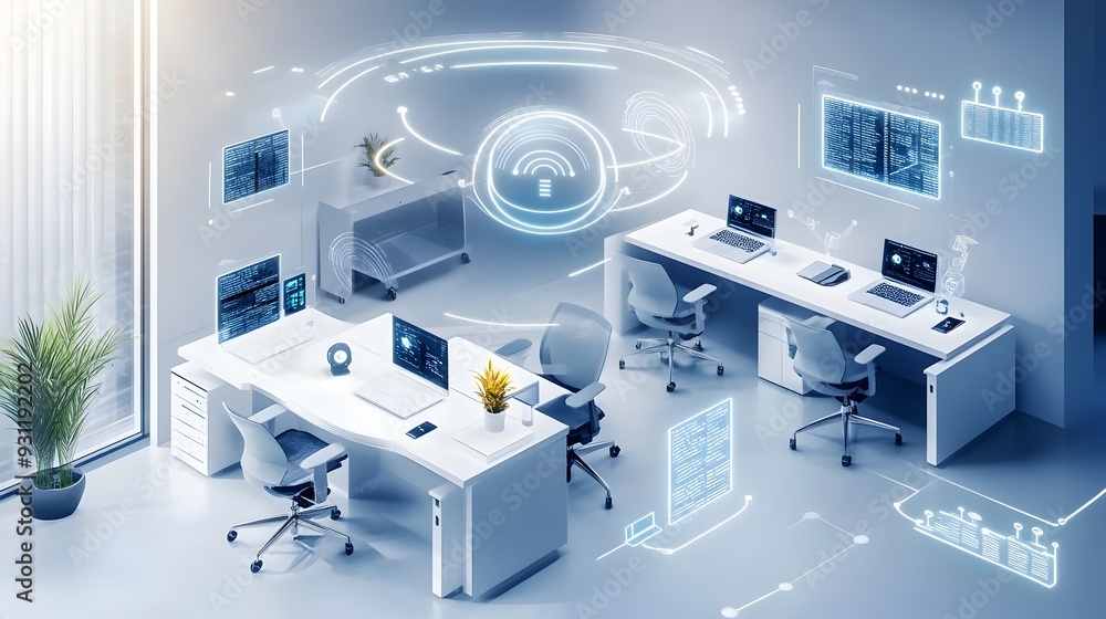 Poster cutting edge connected office environment featuring smart iot devices including intelligent desks li