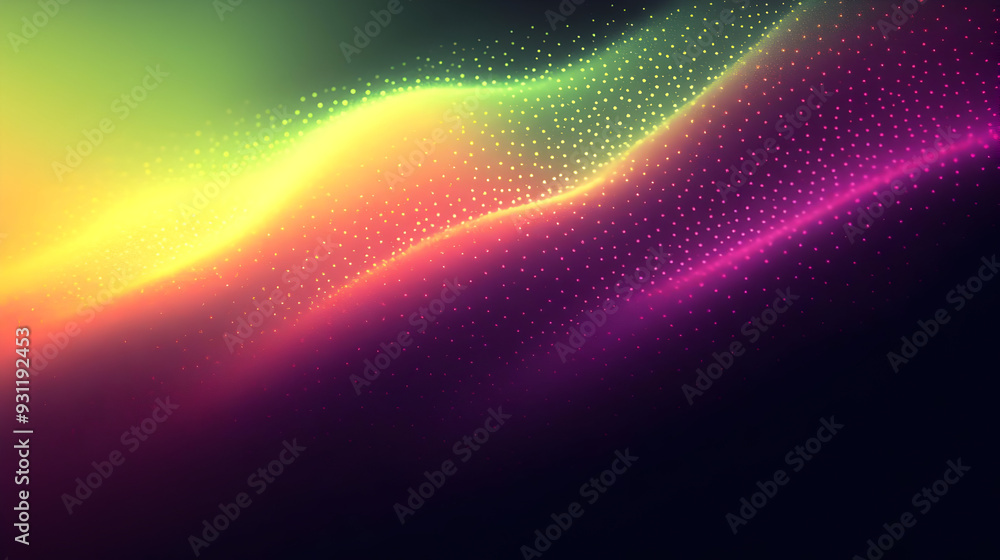Poster abstract colorful wave pattern with glowing dots on a dark background.