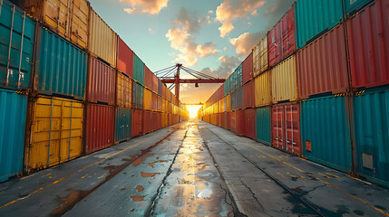 Fototapeta premium Colorful Shipping Containers at Sunset - Photo