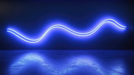 Blue neon sign in the shape of a wave, mounted on a dark blue wall, with its reflection on a blue floor.
