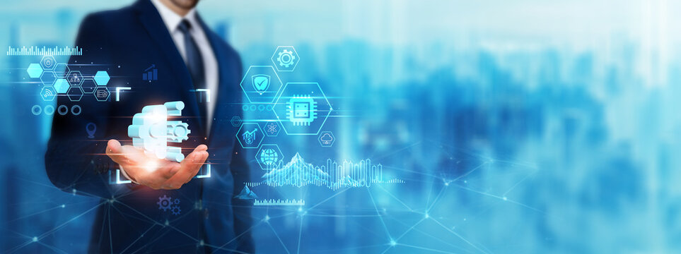 Machine Learning: Businessman holding machine learning icon. Digital technology era of future. Advanced technology of deep learning, algorithms, predictive analytics concept.