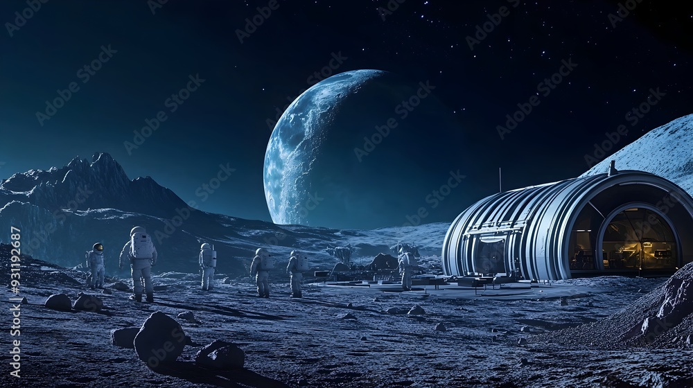 Poster intrepid space tourists arriving at a futuristic lunar base with earth rising majestically in the ba