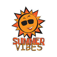 Funny sun cartoon in sunglasses with a quote summer vibes. Vector illustration for tshirt, website, clip art, poster and print on demand merchandise.