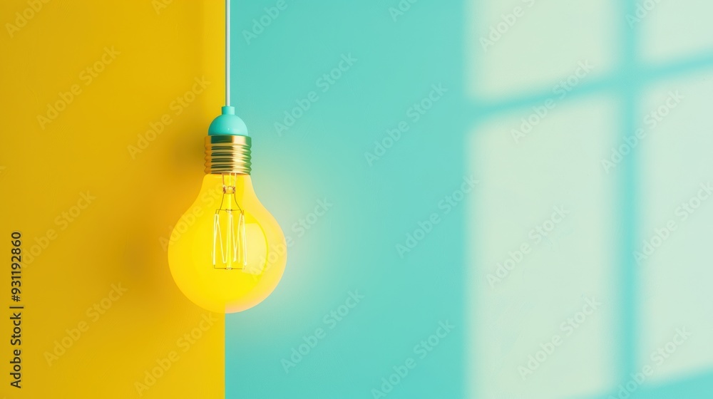 Poster a conceptual image of a yellow lightbulb hanging in a room with minimalist decor, its glow illuminat