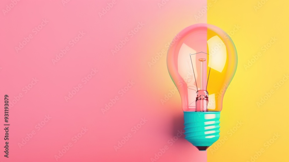 Poster an abstract and artistic representation of a lightbulb shining in rainbow colors, symbolizing creati
