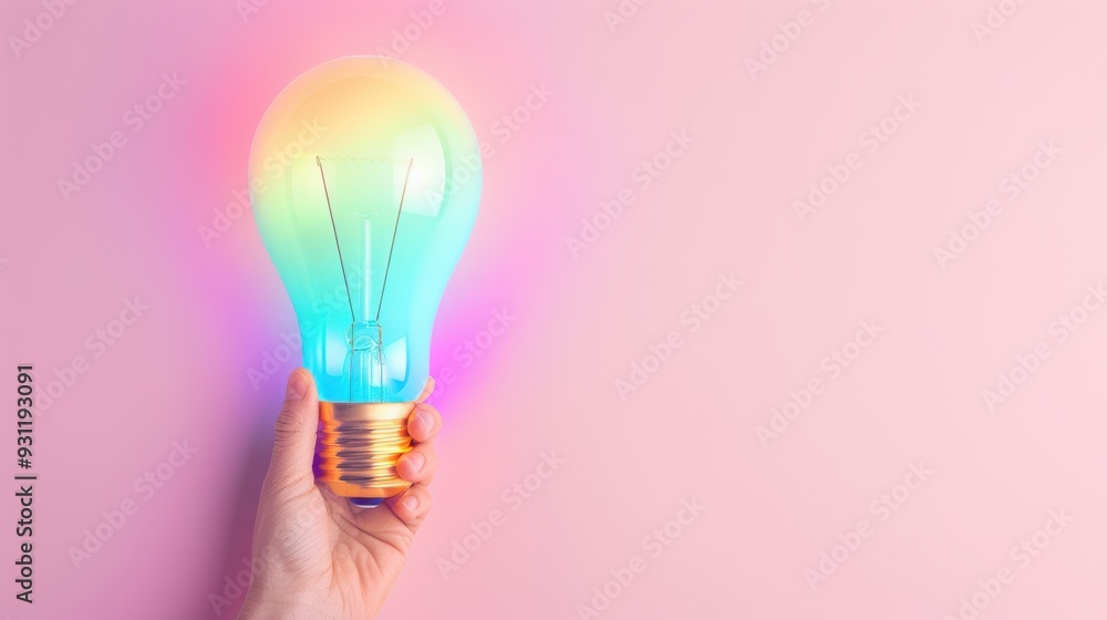 Poster a simple yet powerful image of a lightbulb glowing in rainbow colors, symbolizing creativity and ins