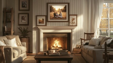 Fototapeta premium Cozy Living Room with Fireplace, Couches, and Framed Photos