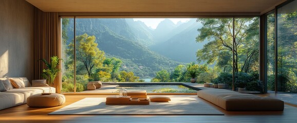 High Ceiling Loft Living Room With Nature View, Bright And Modern, 3D Render