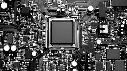 Fototapeta premium Closeup of a black circuit board with a processor chip.