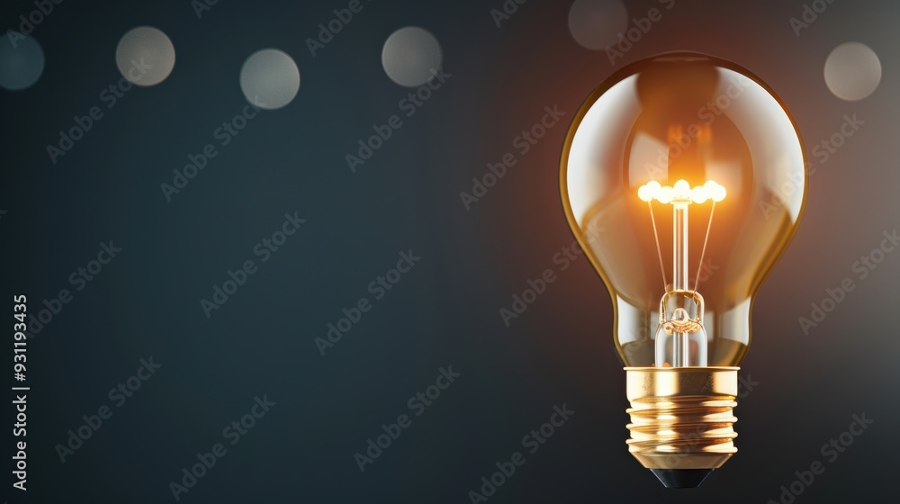 Poster a modern gold lightbulb, shining brightly and standing out against a dark background. the image feat