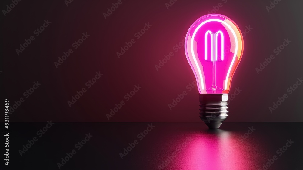 Poster a conceptual image of a neon lightbulb surrounded by darkness, with minimalist styling that draws at