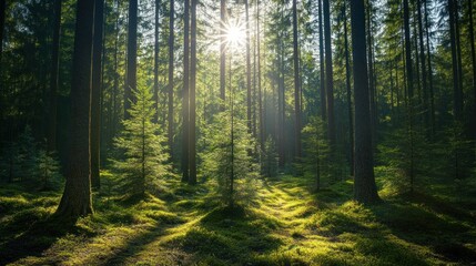 Obraz premium Sunbeams Through the Forest