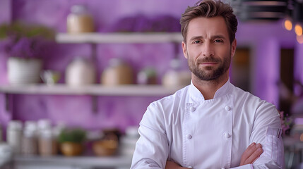 Fototapeta premium Confident Chef Posing Professionally in Neutral Studio Setting
