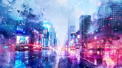 Fototapeta premium A double exposure watercolor of a city street with neon light patterns, the buildings blending with glowing neon designs, soft and expressive brushwork, bright blues, pinks, and purples,