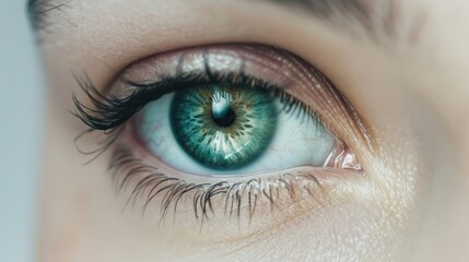 A minimalist photograph showcasing a green eye with a clear, uncluttered background, providing abundant copy space for adding text or graphics.