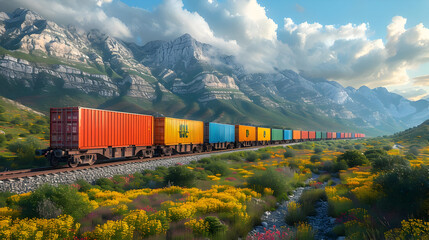 Fototapeta premium Colorful Cargo Train Through Mountain Landscape - 3D Illustration