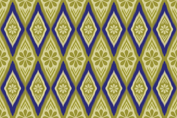 Ikat pattern combines geometric art with golden floral patterns in a seamless style for fabric, curtain, carpet, wallpaper printing