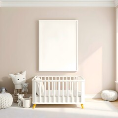 Baby room interior with copy space in frame on the wall. Template for artwork, painting, photo or poster	