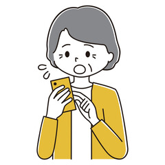 スマホをタップして慌てる高齢女性のイラスト