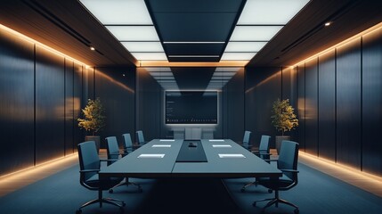 A wide-angle shot of a modern conference room with a video conference in progress